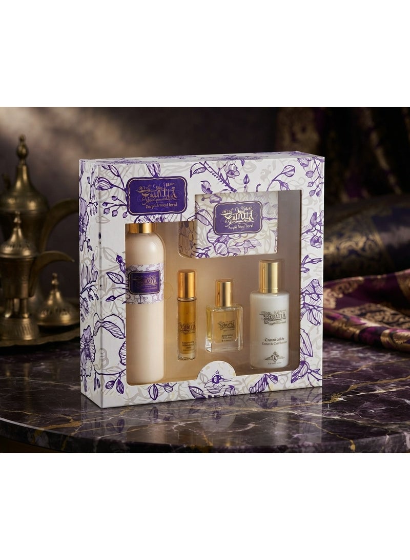 Boutique Meftah al Quloob Fragrance Gift Set - 30ML Water Perfume, 40GM Bukhor, 250ML Fawwa, 10ML Roll-on