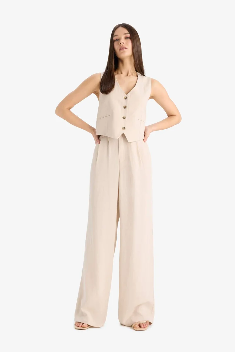 ديفاكتو Wide Leg Zippered Normal Waist Linen Blend Trousers