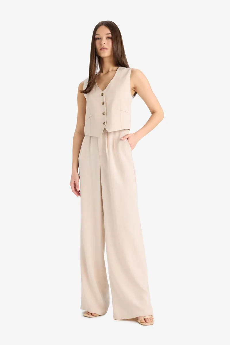 ديفاكتو Wide Leg Zippered Normal Waist Linen Blend Trousers