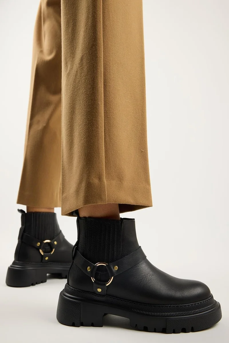 Manijero Manijero Tessa Women's Genuine Leather Elasticated Black Boots with Ring Accessory