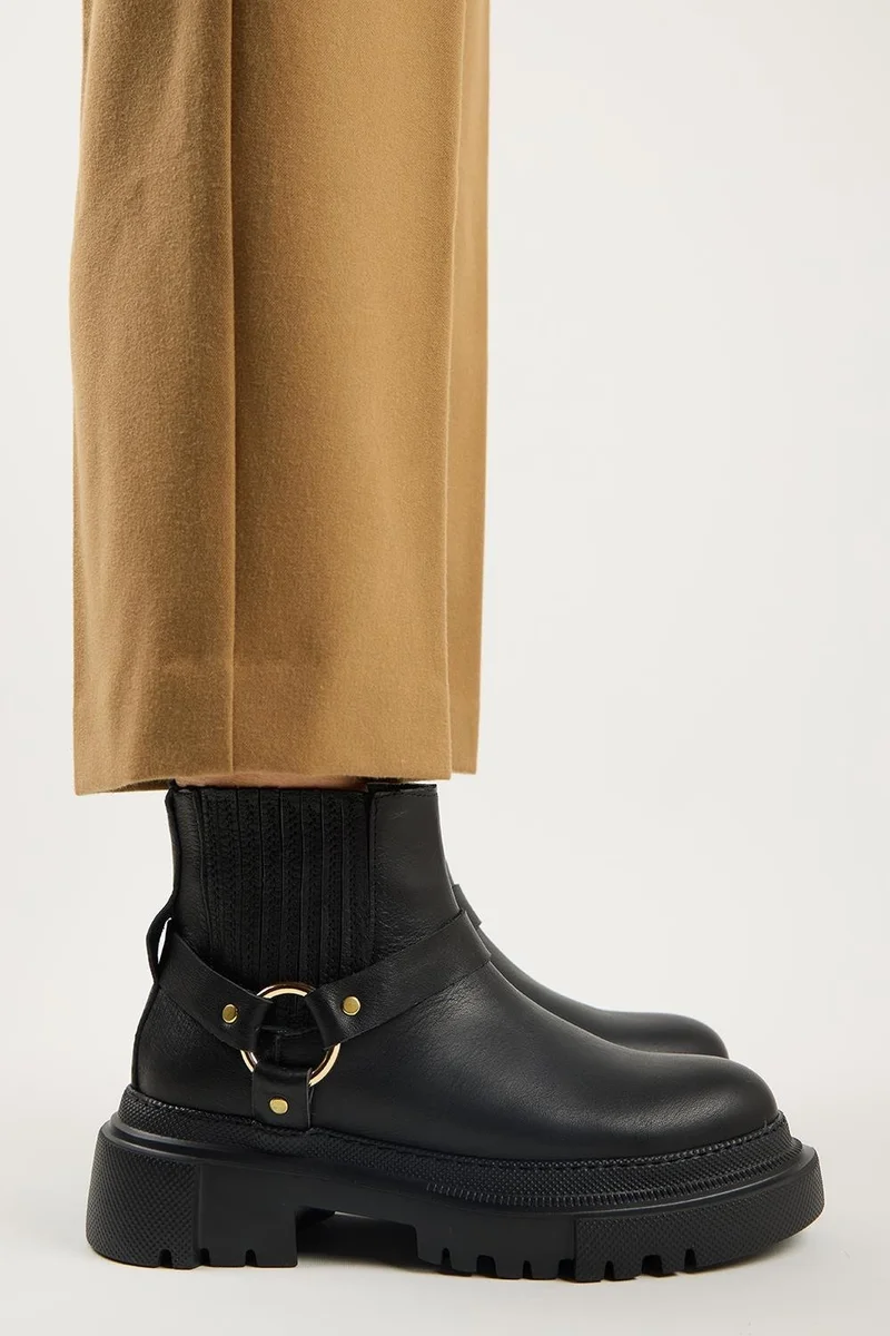 Manijero Manijero Tessa Women's Genuine Leather Elasticated Black Boots with Ring Accessory