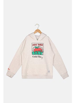 Keith Haring Kids Boy Hooded Neck Long Sleeve Graphic Sweatshirt, Heather Oatmeal  - Image 1