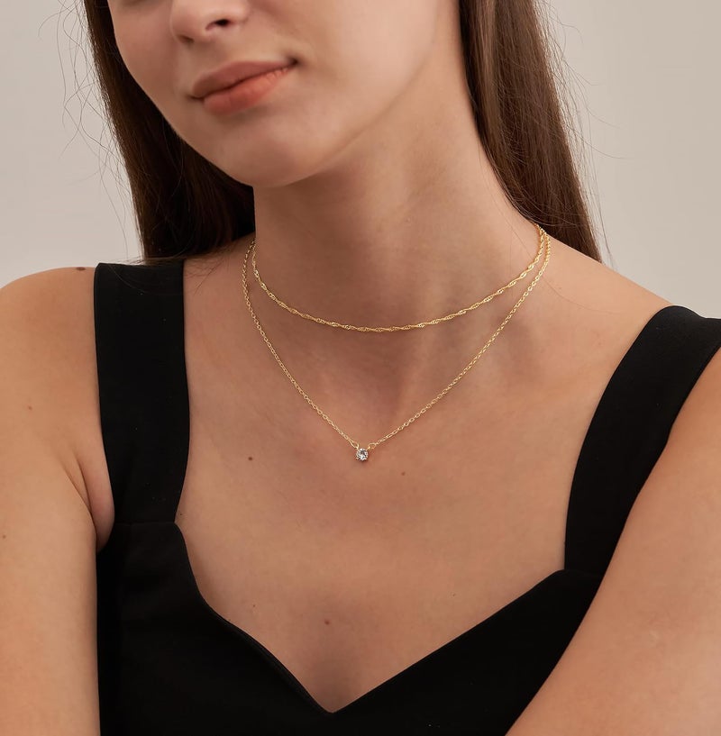 Tewiky Gold Necklace, Dainty Gold Layered Gold Plated Diamond Necklaces Simple CZ Solitaire Pendant Necklace Cute Gold Cubic Zirconia Chain Choker for Women Trendys Gold Jewelry Gift - Image 3