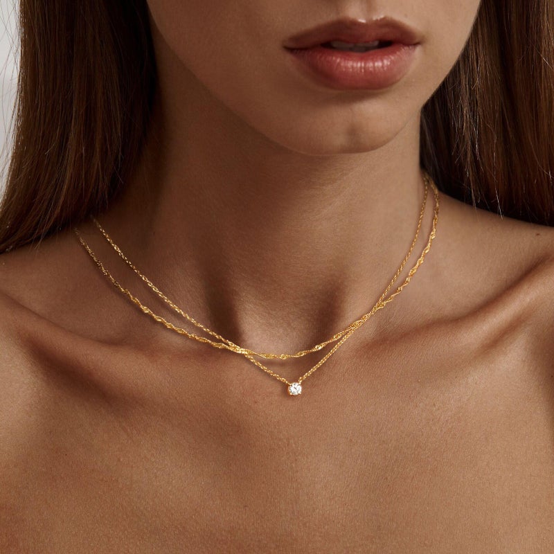 Tewiky Gold Necklace, Dainty Gold Layered Gold Plated Diamond Necklaces Simple CZ Solitaire Pendant Necklace Cute Gold Cubic Zirconia Chain Choker for Women Trendys Gold Jewelry Gift - Image 2