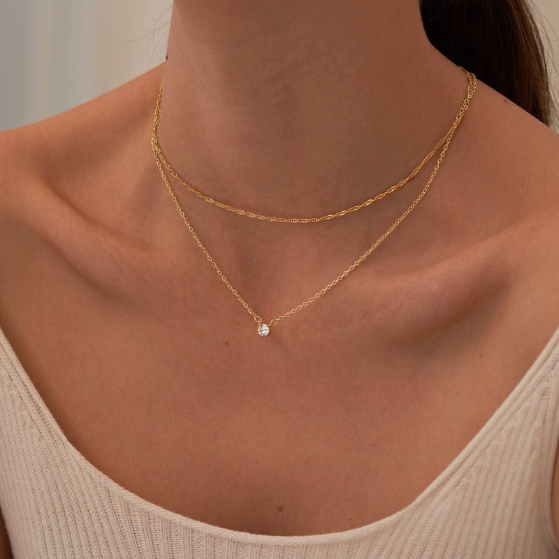 Tewiky Gold Necklace, Dainty Gold Layered Gold Plated Diamond Necklaces Simple CZ Solitaire Pendant Necklace Cute Gold Cubic Zirconia Chain Choker for Women Trendys Gold Jewelry Gift - Image 5