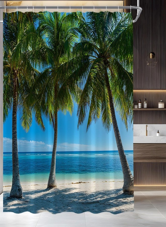 Ocean Beach Shower Curtain Tropical Palm Tree Hawaii Coastal Nature Landscape Fabric Bathroom Decor Set,70x70 inch - Image 1