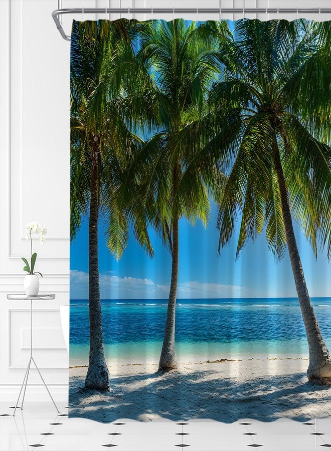 Ocean Beach Shower Curtain Tropical Palm Tree Hawaii Coastal Nature Landscape Fabric Bathroom Decor Set,70x70 inch - Image 3