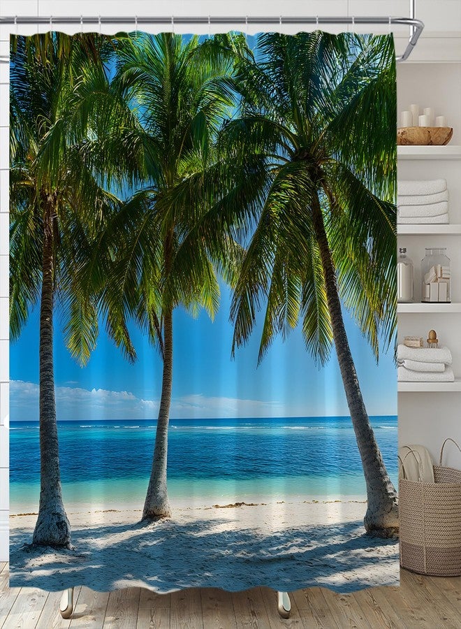 Ocean Beach Shower Curtain Tropical Palm Tree Hawaii Coastal Nature Landscape Fabric Bathroom Decor Set,70x70 inch - Image 2