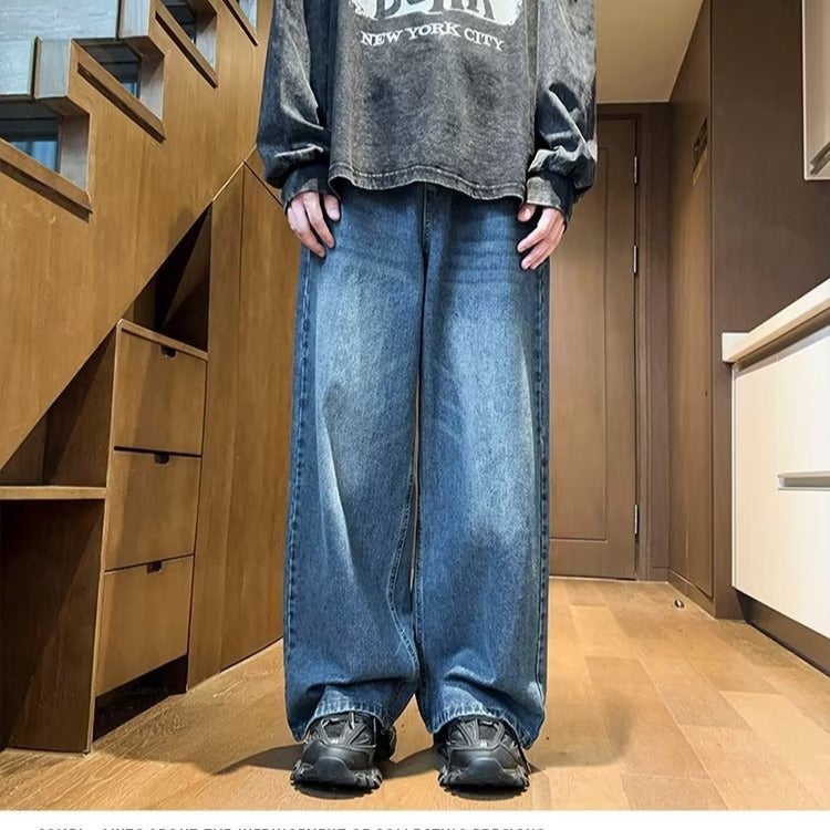 High Street Dipped Wide Leg Jeans Boys Loose Straight Men'S Pants American Style Washed Trendy Brand Old Casual Long Pants - Image 3