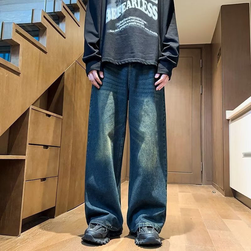 High Street Dipped Wide Leg Jeans Boys Loose Straight Men'S Pants American Style Washed Trendy Brand Old Casual Long Pants - Image 2