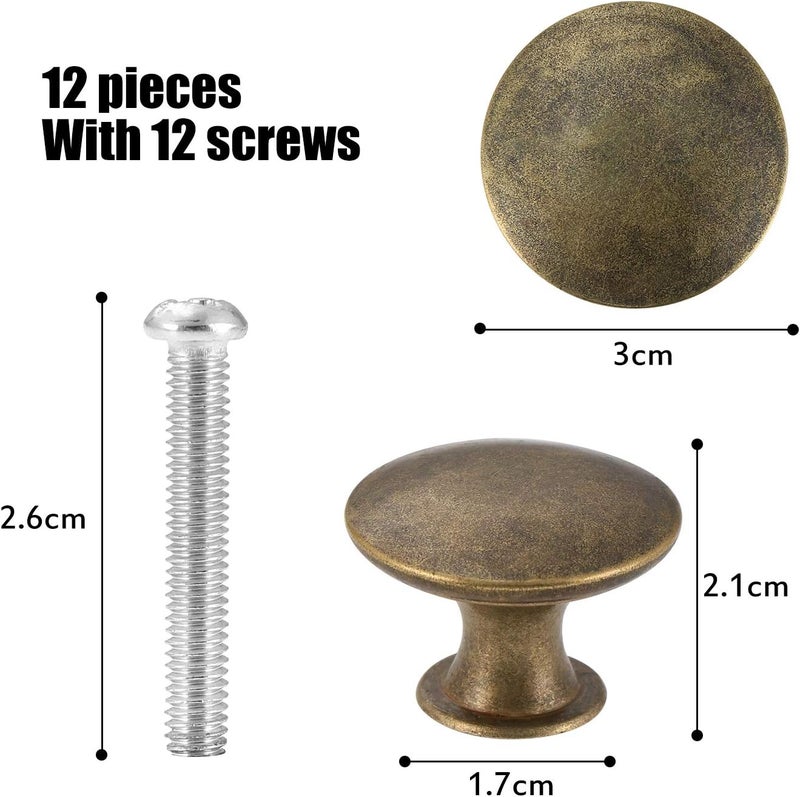 abcGoodefg 12 Pcs Vintage Antique Bronze Knobs Handle Pulls 30mm Brass Round Knobs for Cabinet Drawer Kitchen Bathroom Cupboard Home Office Furniture (Yellow Bronze) - Image 3
