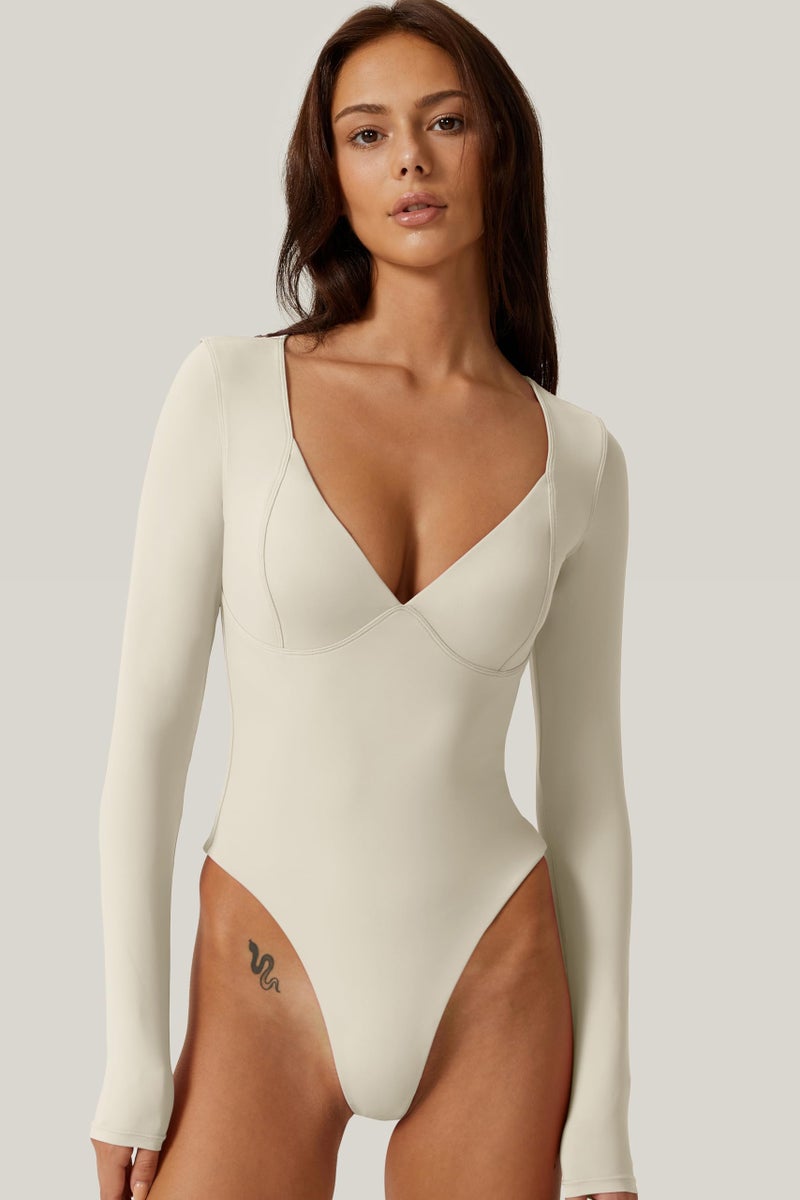 QINSEN Sweetheart Neckline Shirt for Women Long Sleeve High Leg Thong Bodysuit Tops Splashed White M - Image 3