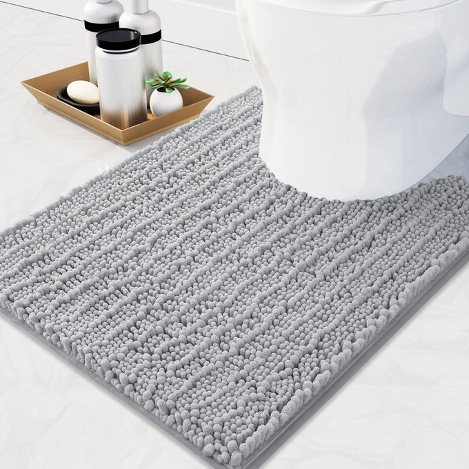 LUXURY CHENILLE TOILET RUGS USHAPED EXTRA SOFT THICK ABSORBENT BATHROOM MAT NONSLIP SHAGGY PLUSH CONTOUR RUGS MACHINE WASH DRY BATH MAT FOR TOILET BASE 24X20 LIGHT GREY