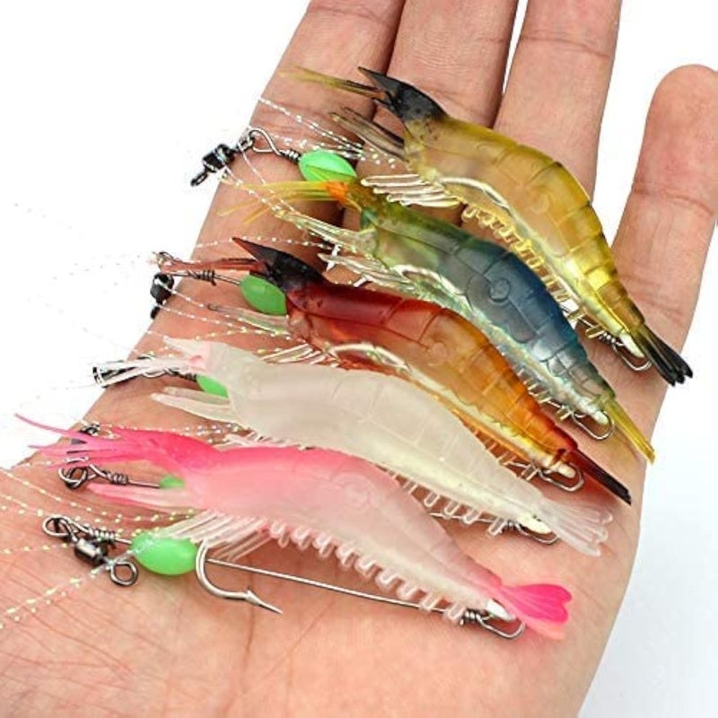 OriGlam 5pcs Soft Luminous Shrimp Lure Set, 5 Colors Shrimp Bait with Hooks and Beads - Fishing Tackles for Freshwater and Saltwater Bass, Trout, Catfish, Salmon - Image 1