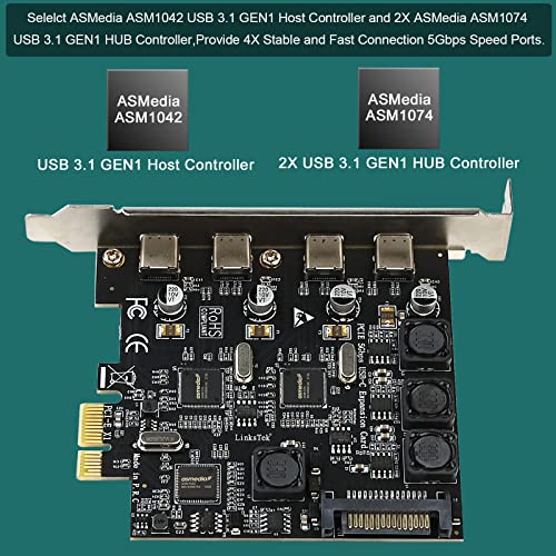 LinksTek 4-Ports PCIE USB 3.0 (3.1 GEN1) 5Gbps Expansion Card for Desktop PCs, 4X 5Gbps Max USB-C Ports, Built in Smart Power Distribution Technology, No Need Extra Power Supply (PCIE-U304C) - Image 2