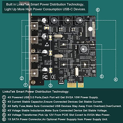 LinksTek 4-Ports PCIE USB 3.0 (3.1 GEN1) 5Gbps Expansion Card for Desktop PCs, 4X 5Gbps Max USB-C Ports, Built in Smart Power Distribution Technology, No Need Extra Power Supply (PCIE-U304C) - Image 3
