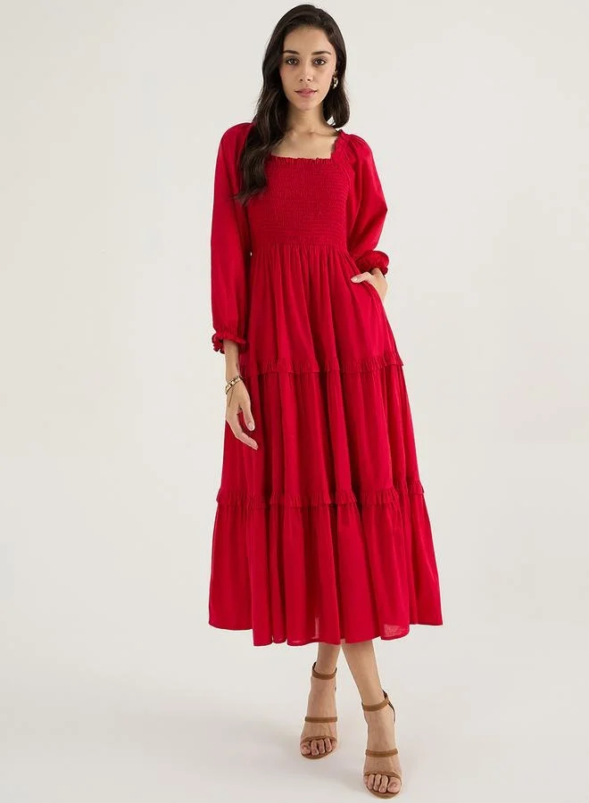 Femmella Balloon Sleeve Cotton A-Line Midi Dress with Smocked Detail