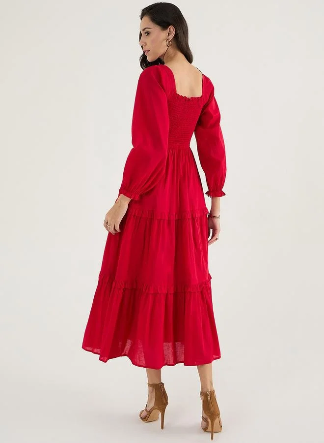 Femmella Balloon Sleeve Cotton A-Line Midi Dress with Smocked Detail