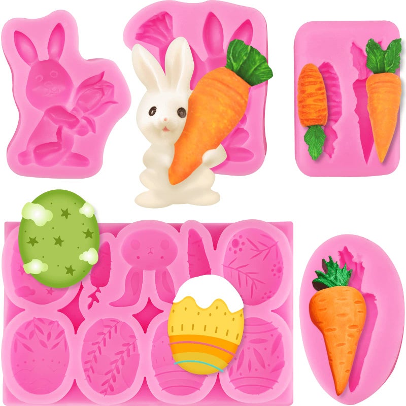 5Pcs Easter Fondant Molds Silicone Candy Molds Set Easter Egg Silicone Molds Bunny Silicone Chocolate Mold Carrot Shaped Molds for Cupcake Topper Chocolate PastryCookie Jelly and Cake Decorations