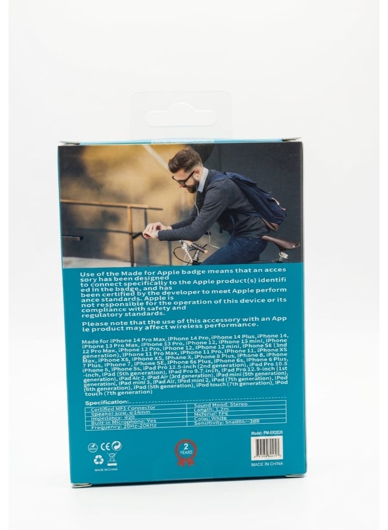 MORE POWER In-Ear Wired Earphones with Apple MFi Certified Lightning Connector, Mic & Volume Control - White - Image 2