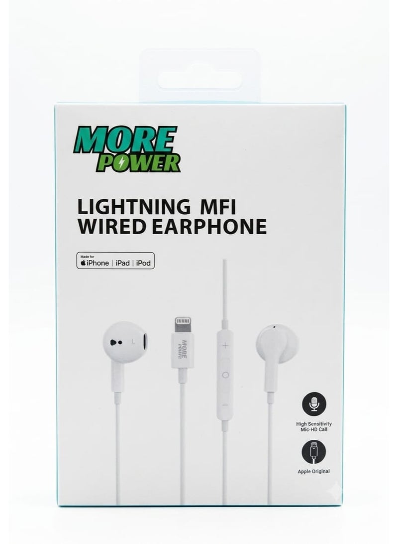 MORE POWER In-Ear Wired Earphones with Apple MFi Certified Lightning Connector, Mic & Volume Control - White - Image 1