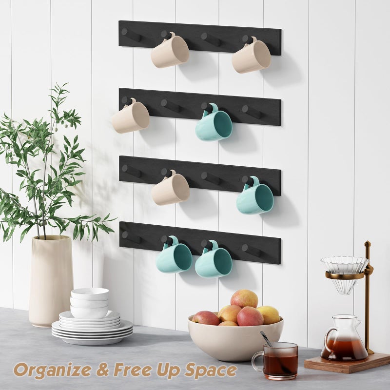 Forbena Black Coat Rack Wall Mount 4-Pack, Rustic Farmhouse Coat Hooks for Wall, Vertical Hanging Hat Rack for Office, Bedroom, Closet, Small Spaces, Kids Room Clothes, Entryway Shoes - 16 Pegs - Image 5