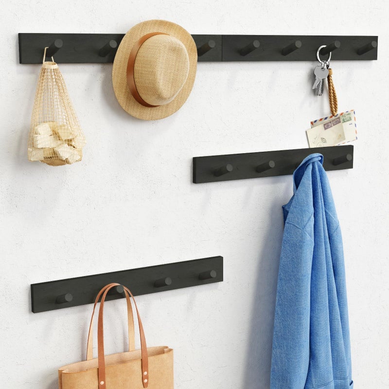 Forbena Black Coat Rack Wall Mount 4-Pack, Rustic Farmhouse Coat Hooks for Wall, Vertical Hanging Hat Rack for Office, Bedroom, Closet, Small Spaces, Kids Room Clothes, Entryway Shoes - 16 Pegs - Image 1