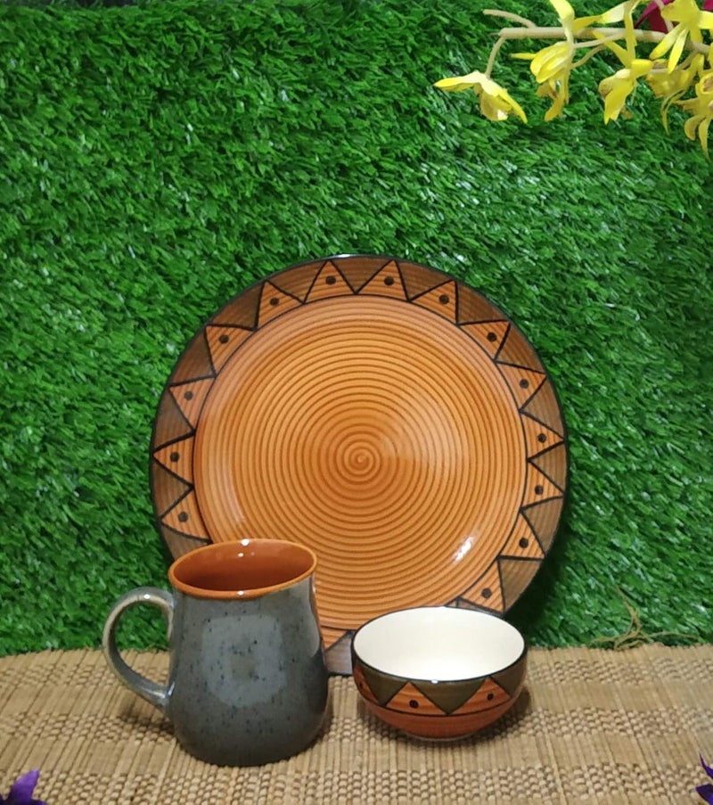 Caffeine Ceramic Handmade Brown Soorya Breakfast Set (Set of 3) - Image 1