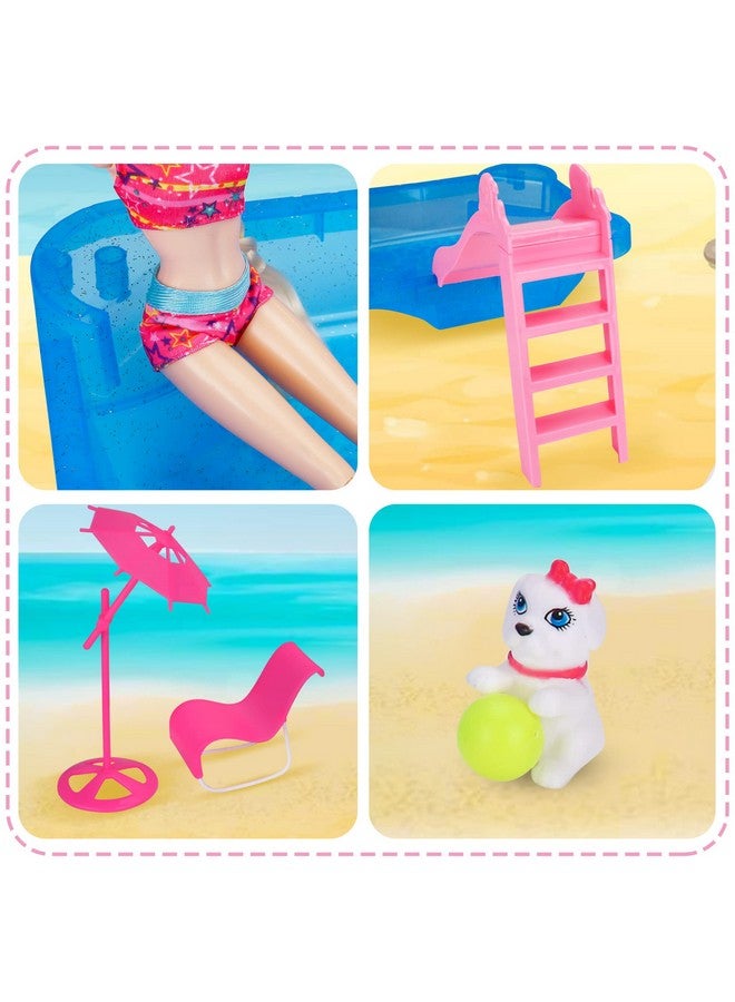 Bettina Pool Playset - Glam Pool With Slide, Doll Pool Accessories Includes Beach Chair, Beach Umbrella, Dog, Swimming Pool Set For 12 Inch Dolls, Bath Toys For Dolls  - Image 5