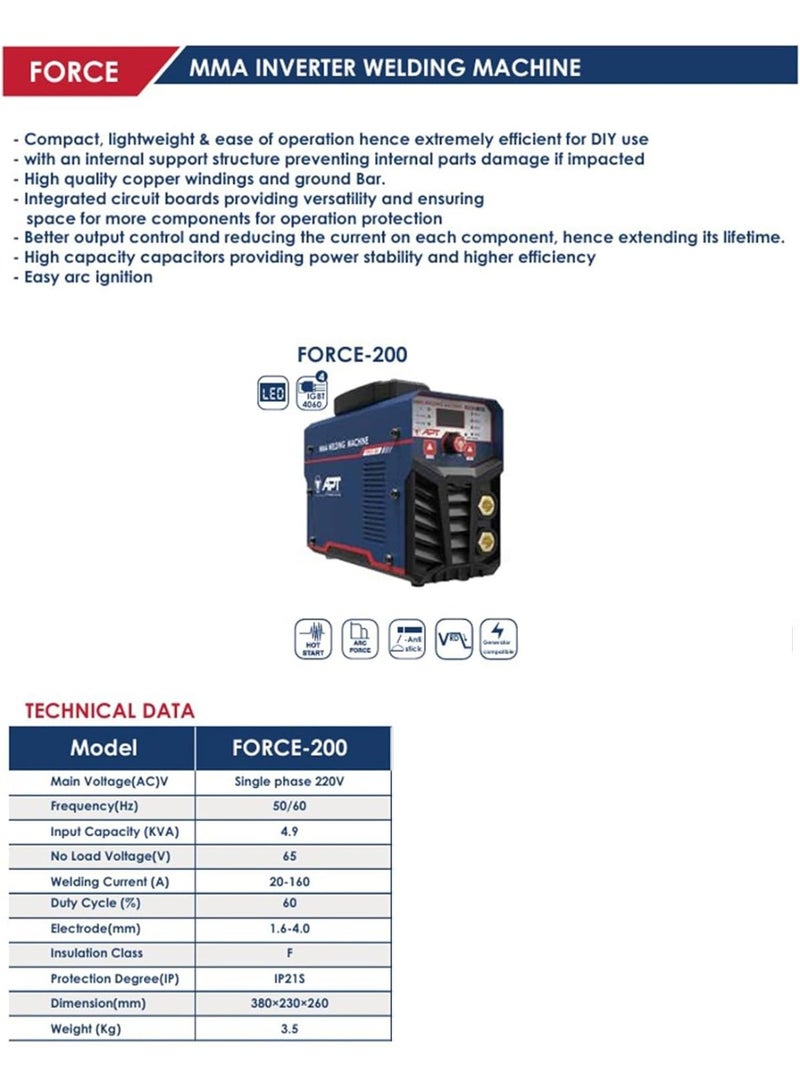 Apt Force 200 welding machine with a power rating of 160 amp for heavy-duty work - Image 2
