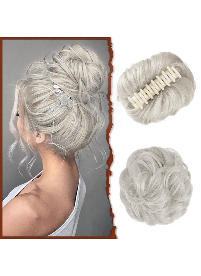 SOFEIYAN Claw Clip Messy Bun Hair Piece Wavy Curly Hair Bun Clip In Claw Chignon Ponytail Hairpieces Synthetic Tousled Updo Hair Extensions Scrunchie Hairpiece For Women, Silver Grey  - Image 1