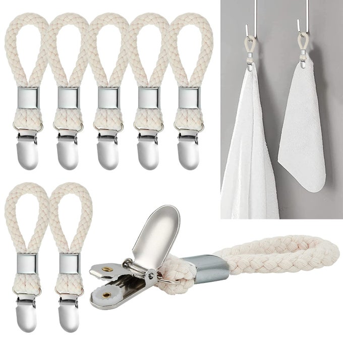 8PCS HANGING TEA TOWELS CLIP METAL TOWEL HANGER WITH LOOP COTTON HAND TOWEL HOOK FOR HOME KITCHEN BATHROOM HANGING TOWELS