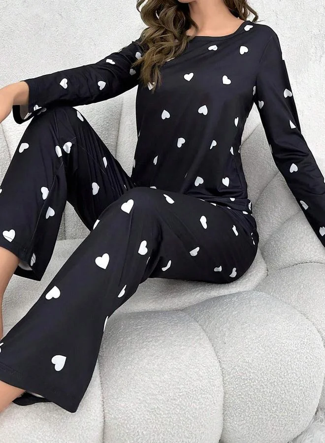 Take Two Black Take Two Heart Print Long Sleeve T-Shirt and Pyjama Set for Women | Best Price UAE