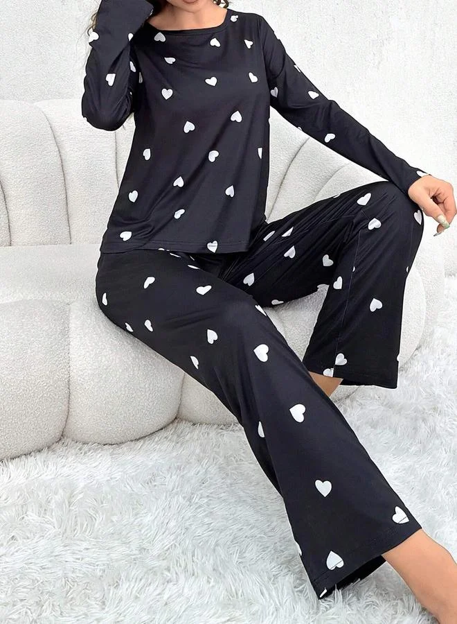 Take Two Black Take Two Heart Print Long Sleeve T-Shirt and Pyjama Set for Women | Best Price UAE