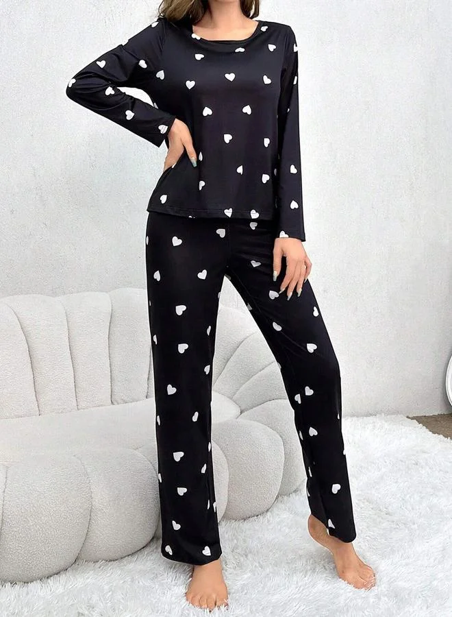 Take Two Black Take Two Heart Print Long Sleeve T-Shirt and Pyjama Set for Women | Best Price UAE