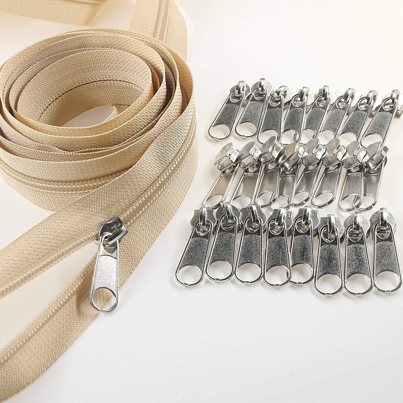 Leekayer 5 Beige Nylon Coil Zippers by The Yard Bulk 10 Yards with 25pcs Silver Sliders for DIY Sewing Tailor Craft BagBeige