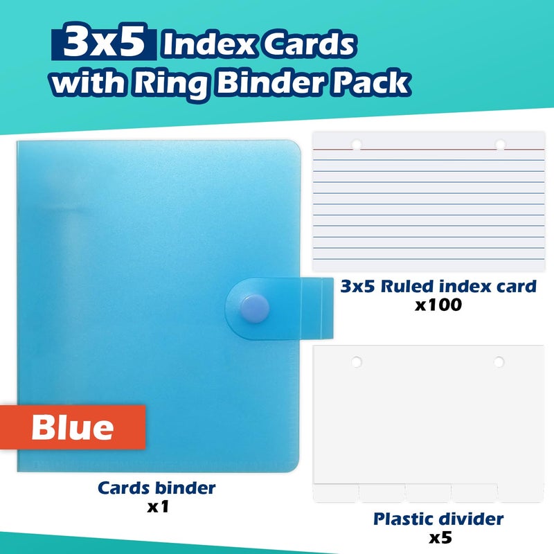 Olivo 3x5 Lined Index Cards with Ring Binder Holder and Dividers, 100 Ruled Cards, Blue - Image 3