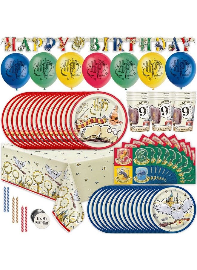 Unique - Harry Potter Birthday Decorations Kit ; Harry Potter Birthday Party Supplies ; With Harry Potter Balloons Table Cover Banner Dinner And Cake Plates Napkins Cups Candles Button ; Serves 16 - Image 1