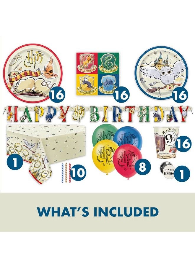 Unique - Harry Potter Birthday Decorations Kit ; Harry Potter Birthday Party Supplies ; With Harry Potter Balloons Table Cover Banner Dinner And Cake Plates Napkins Cups Candles Button ; Serves 16 - Image 1