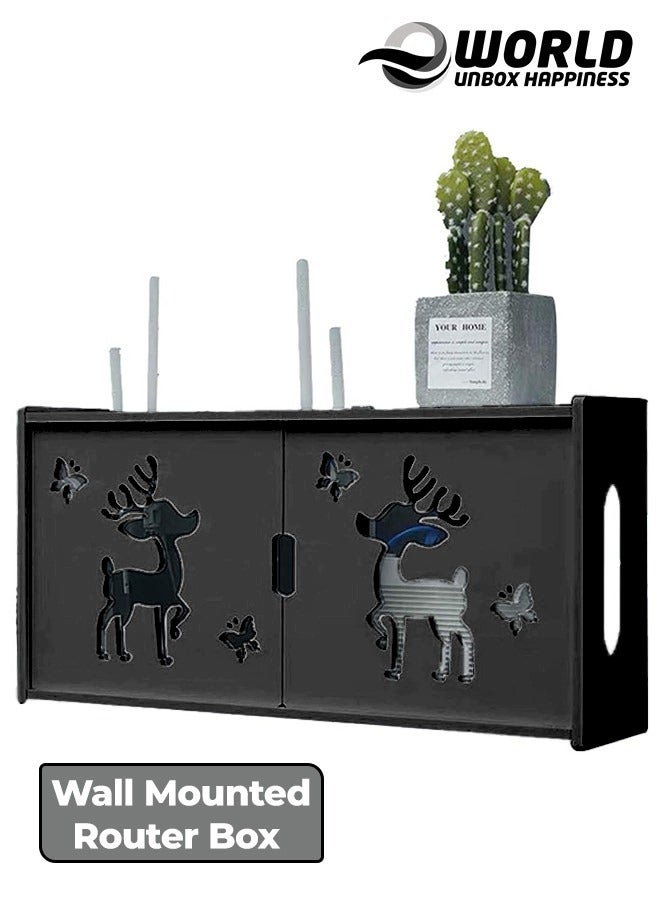 Eworld Stylish Wall-Mounted Router Rack for Wi-Fi Router, Set-Top Box, Light Cat Box, and More, Includes Doors and Patch Panel Shielding Box for Neat Storage, Black - Image 1
