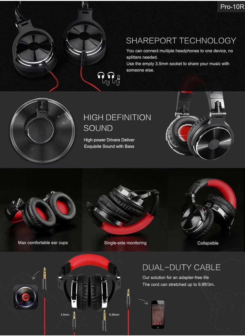 OneOdio - Wired Over Ear Headphones Studio Monitor & Mixing DJ Stereo Headsets with 50mm Neodymium Drivers and 1/4 to 3.5mm Jack for AMP Computer Recording Podcast Keyboard Guitar Laptop - Black Red - Image 1