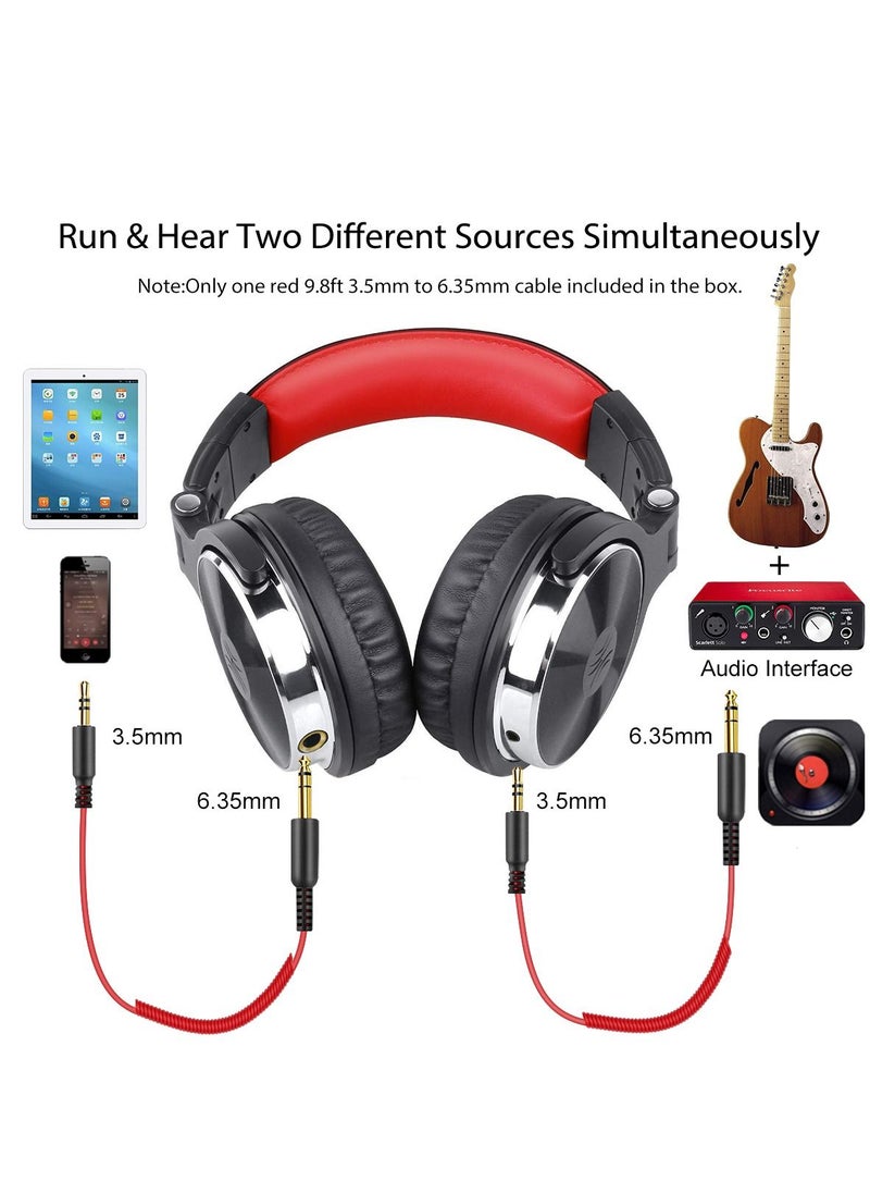OneOdio - Wired Over Ear Headphones Studio Monitor & Mixing DJ Stereo Headsets with 50mm Neodymium Drivers and 1/4 to 3.5mm Jack for AMP Computer Recording Podcast Keyboard Guitar Laptop - Black Red - Image 1