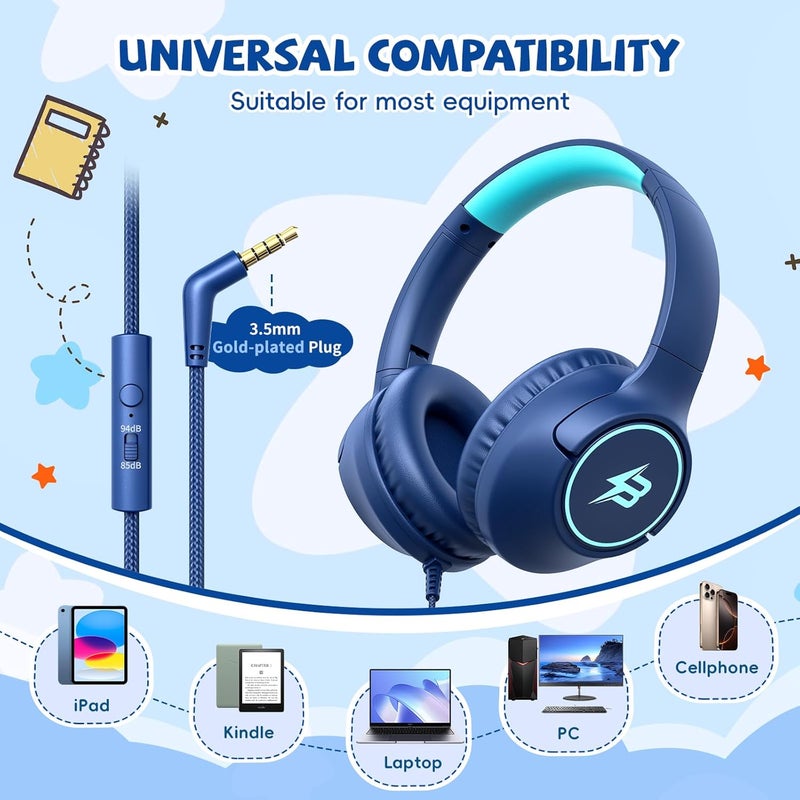 Botesty Sound Kids Headphones with Cord for School, 85/94dB Volume Limit, Wired Over Ear Headphones for Kids Boys Girls with Microphone, Stereo Sound 3.5mm Jack for Kindle, Tablet, Airplane Travel - Image 2