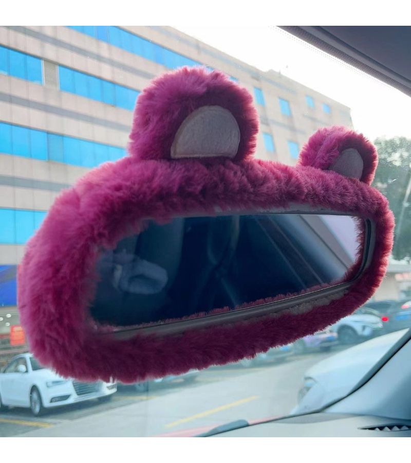 Pink Fluffy Bear Ear Car Mirror Cover Soft Cute Women Auto Accessory - Image 5