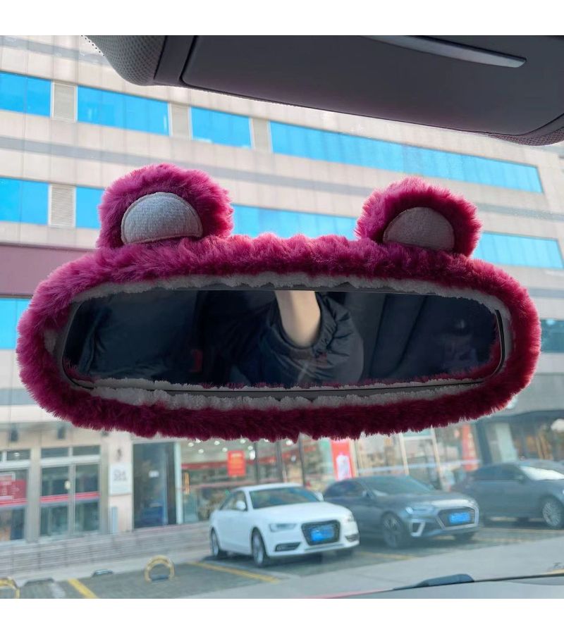 Pink Fluffy Bear Ear Car Mirror Cover Soft Cute Women Auto Accessory - Image 3