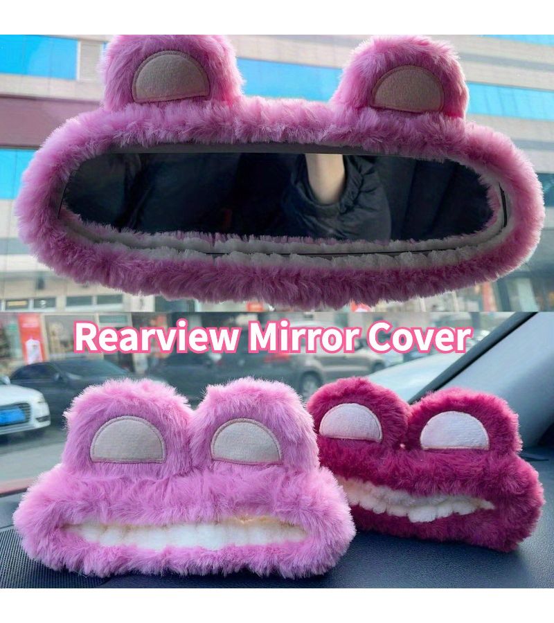 Pink Fluffy Bear Ear Car Mirror Cover Soft Cute Women Auto Accessory - Image 1