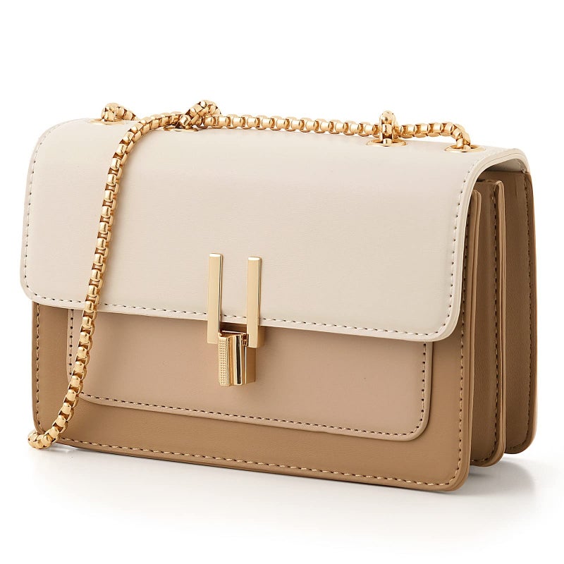 TOP BAND Crossbody Bags Cute Faux Leather Trendy Cross Body Purses for Women Small Color-Block Designer Handbags Ladies Satchel Chain Strap Shoulder Bag Beige White - Image 1