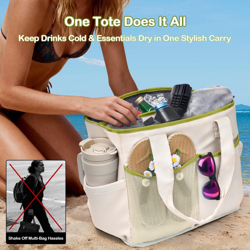 Odoland Soft Cooler Bag, Collapsible Leakproof Insulated Cooler Bag with Multi-Pocket Design, Portable Soft Side Cooler Backpack for Beach, Picnic, Camping, Travel and Daily Use for Women, White Green - Image 3