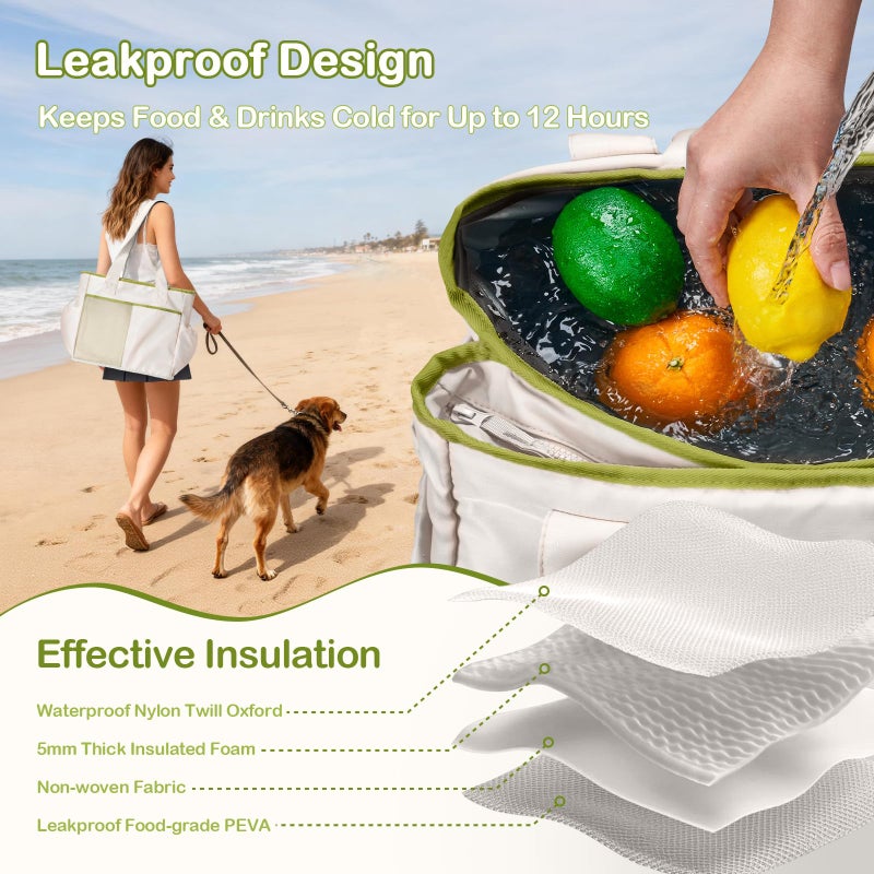 Odoland Soft Cooler Bag, Collapsible Leakproof Insulated Cooler Bag with Multi-Pocket Design, Portable Soft Side Cooler Backpack for Beach, Picnic, Camping, Travel and Daily Use for Women, White Green - Image 4