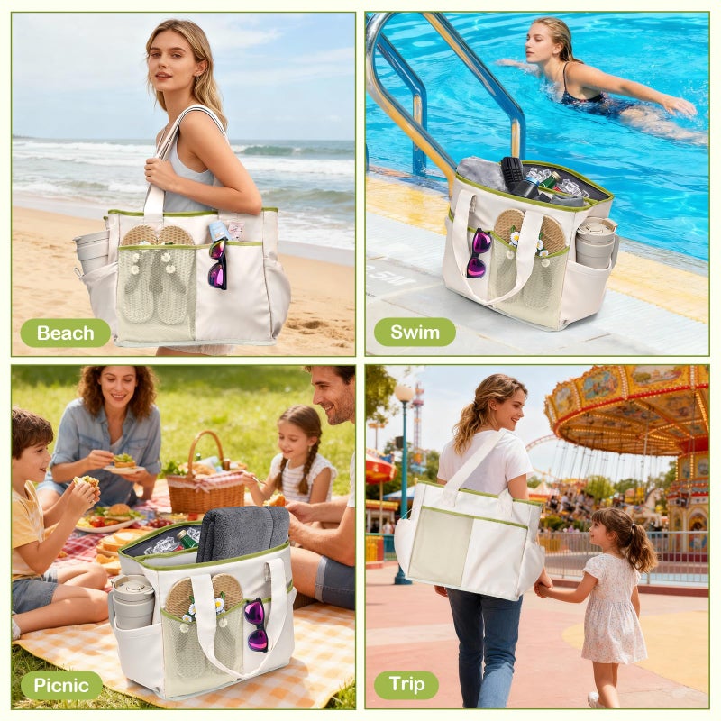 Odoland Soft Cooler Bag, Collapsible Leakproof Insulated Cooler Bag with Multi-Pocket Design, Portable Soft Side Cooler Backpack for Beach, Picnic, Camping, Travel and Daily Use for Women, White Green - Image 2